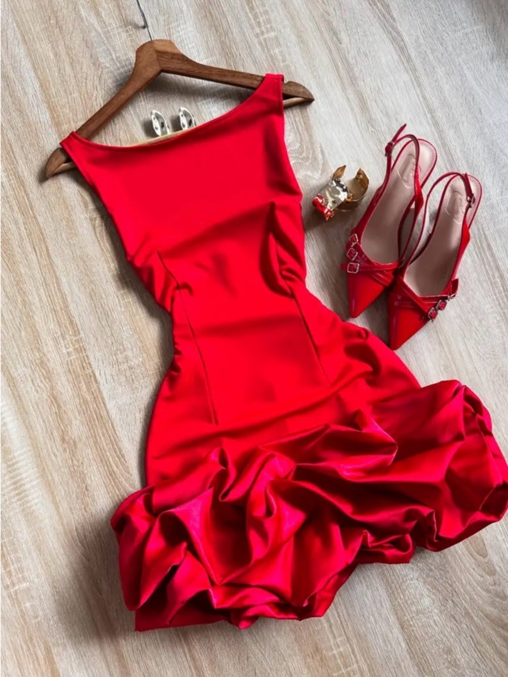 Stunning Red Satin Ruffle Mini Dress – Size S New Date Night / Party